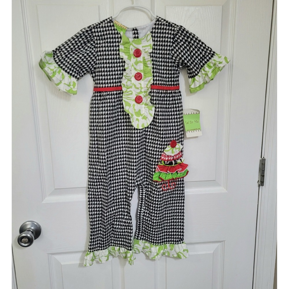 Le Za Me Girls Christmas Tree Applique Houndstooth Ruffle Romper Jumpsuit 3T NEW
